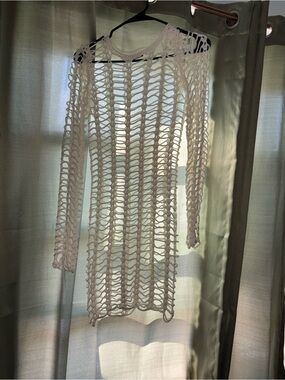 Women's Crochet Long-Sleeve Swim Coverup in Off-White